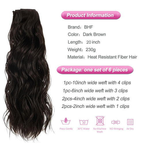 BHF 20in Wavy Clip In Synthetic Hair Extensions Full Head 6pcs Dark Brown