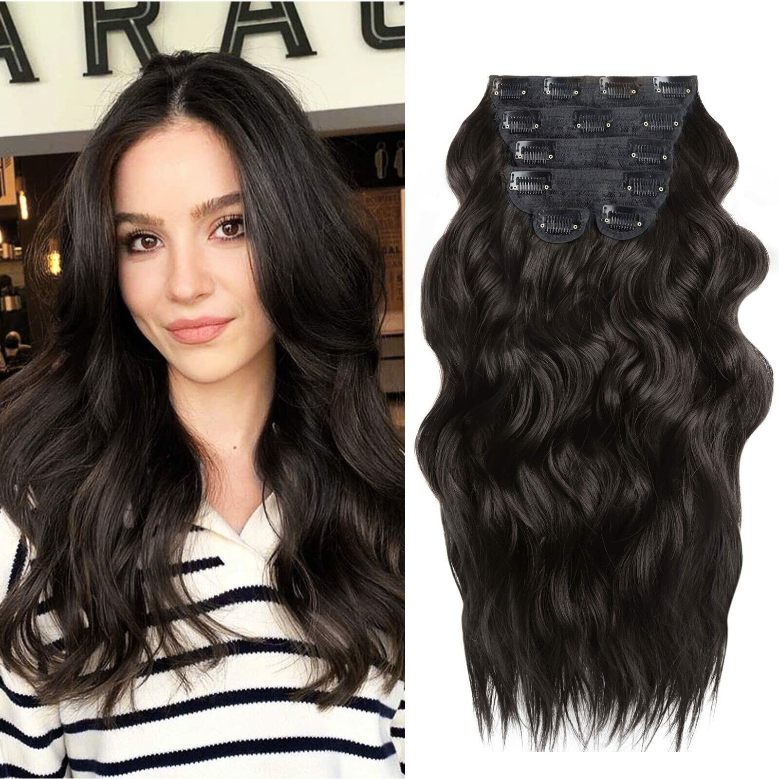 BHF 20in Wavy Clip In Synthetic Hair Extensions Full Head 6pcs Dark Brown